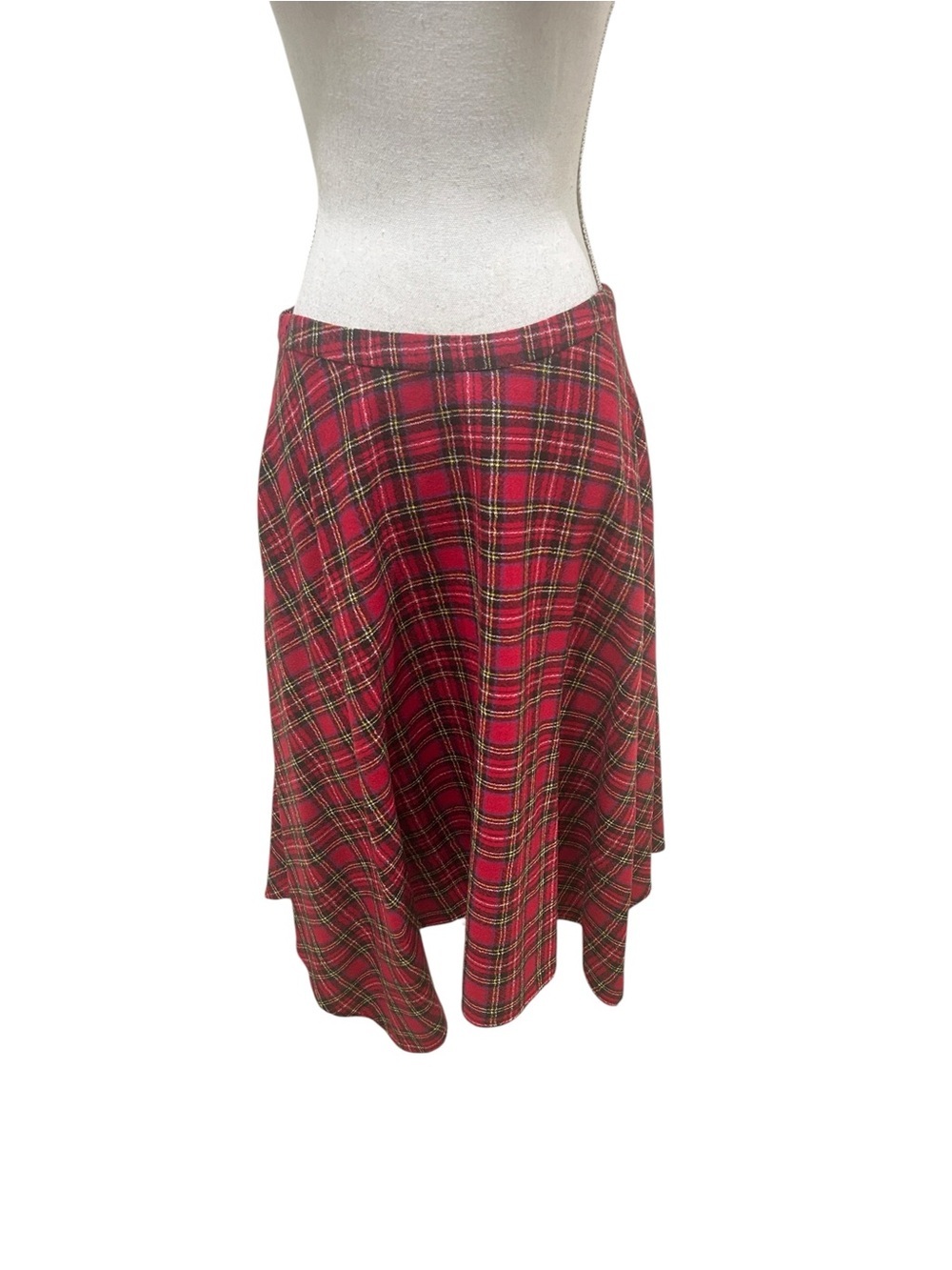 Worth New York Red Plaid tartan Asymmetrical Midi wool lined Skirt size 8